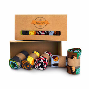 Cardboard sock packaging box with a display window, showcasing colorful rolled socks.