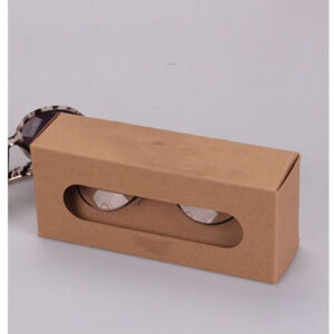 Printed cardboard glasses box with a window, designed for eyewear display and storage.