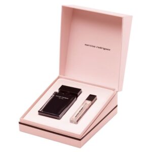 Elegant luxury perfume gift set box with a rigid flip top design, holding two perfume bottles inside a soft pink case.