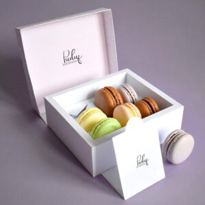 Custom food box for macarons and desserts, featuring elegant and minimalist design.