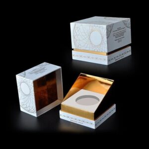 Luxury white and gold custom perfume box with geometric design, perfect for premium fragrance packaging.