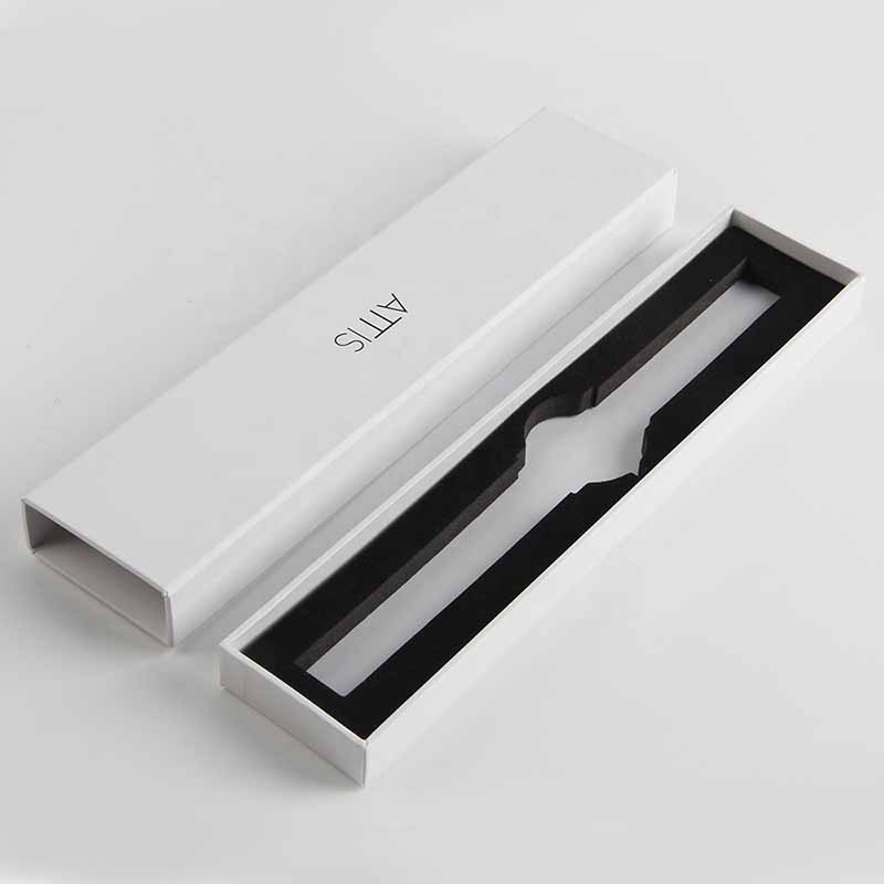 Elegant sliding watch box with sleek white exterior and black velvet interior.