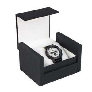 Luxury flip-top watch box with a soft interior for delicate timepieces.